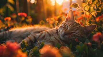 Cute pet cat with friendly demeanor chilling in a cozy garden during sunset