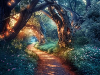 A forest path with trees and flowers. The path is illuminated by the sun and the trees are lit up with fireflies