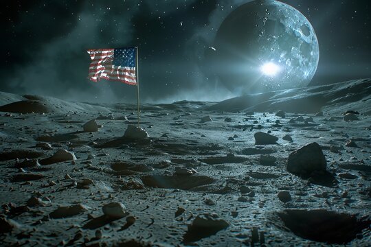 American flag waving on the Moons desolate landscape