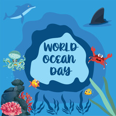 World ocean day with a circle of sea fish and colorful background