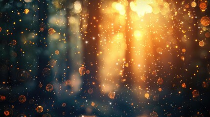 Blurry and filtered image capturing light burst amidst trees with glitter bokeh lights - obrazy, fototapety, plakaty