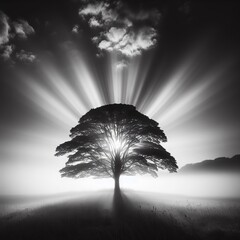 Silhouette of a tree in a foggy landscape with sunbeams. Black and white print art.