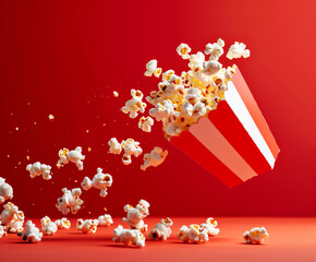 Movie theater popcorn on a red background with room for text or copy space