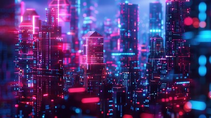 Neon polyhedrons cityscape, glitch datamoshed, chemiluminescent glow