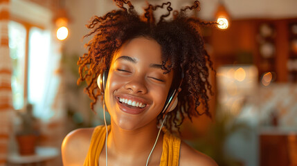 a joyful woman enjoying music with headphone at home