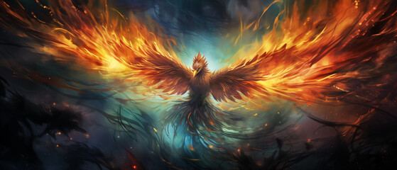 Majestic Phoenix Rising from Ashes in Fiery Glory - obrazy, fototapety, plakaty