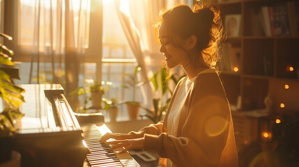 a joyful Asian woman playing piano at home