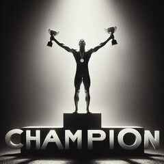 Champion man on the podium. Black and white image. 