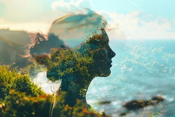 photo, double exposure, pretty woman on a green hillside overlooking the ocean, negative space. Inspired, happy vibes, bright colours