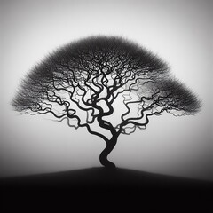 Silhouette of a tree on a white background. Black and white print art.