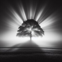 Silhouette of tree on foggy field with sunbeams. Black and white print art.