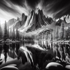 Beautiful winter landscape with mountain lake and reflection in water. Black and white