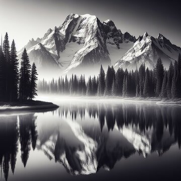 Black and white image of mountains reflected in lake with reflection in water