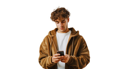 portrait of a young man using mobile phone isolated on transparent background, boy cut out 