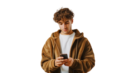 portrait of a young man using mobile phone isolated on transparent background, boy cut out 