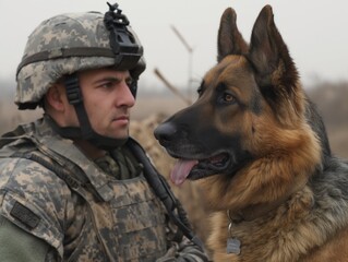 A man in a military uniform is sitting next to a dog. The dog is brown and has a tongue sticking out. The man is wearing a helmet and a vest. Scene is calm and peaceful, as the man