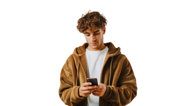 portrait of a young man using mobile phone isolated on transparent background, boy cut out 