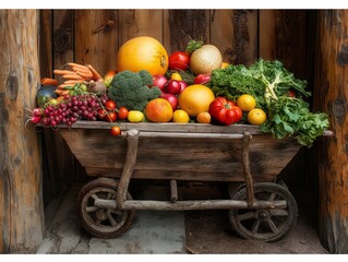 A wooden cart filled with a variety of fruits and vegetables. The cart is old and has a rustic feel to it. The fruits and vegetables are fresh and colorful, creating a vibrant and healthy atmosphere