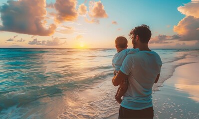 Father's day. Father and baby son playing together outdoors on summer beach