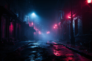 A dark and foggy city street at night with red light peeking through from a window - obrazy, fototapety, plakaty