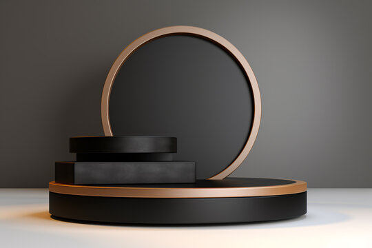 A black podium with a gold circle frame stands on a platform with three black boxes on top, Luxury style