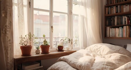 Comfortable room, with a bed next to a large window through which the sun's rays enter.