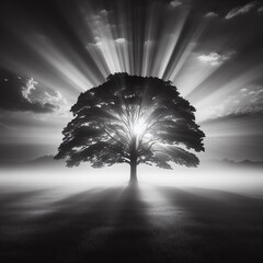 Tree in the fog with sunbeams and rays of light in the background