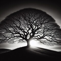 Silhouette of a tree on a hillside. Black and white print art.