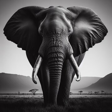Elephant black and white image. Africa.