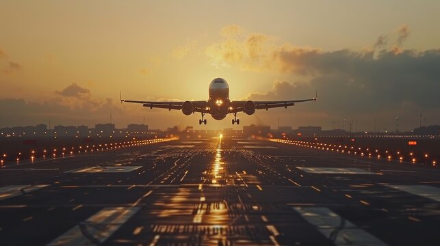 Airplane Taking Off at Sunset with Glowing Runway Lights
