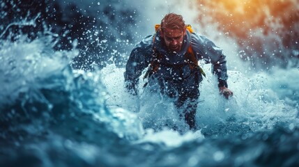 Intense Man Fighting Through Heavy River Current
 - obrazy, fototapety, plakaty