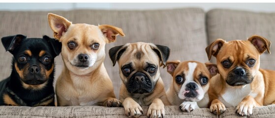 Lineup of Cute Dogs on Couch Portrait

