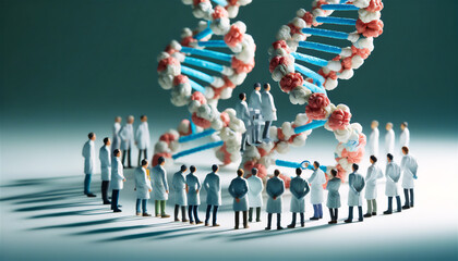 DNAの染色体模型を見ながら研究する科学者 - obrazy, fototapety, plakaty