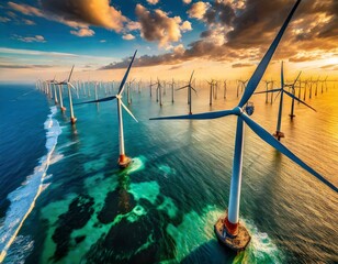 Top view, Offshore wind farms rise from the ocean's surface, with towering turbines harnessing the power of strong winds to generate clean electricity for coastal communities and beyond. - Powered by Adobe