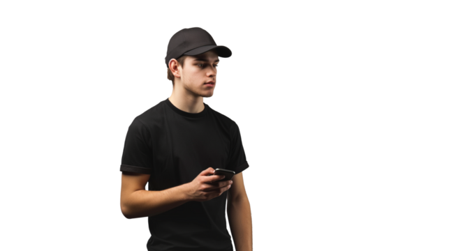 portrait of a young man wearing black t-shirt using mobile phone isolated on transparent background, boy cut out 