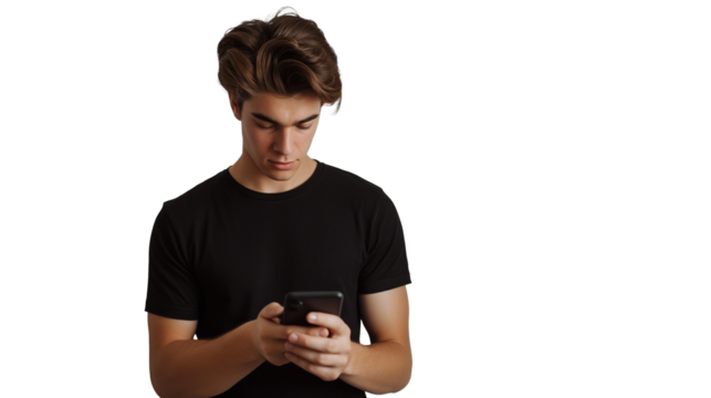 portrait of a young man wearing black t-shirt using mobile phone isolated on transparent background, boy cut out 