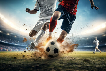Soccer players dribbling struggling and kicking a ball on a field