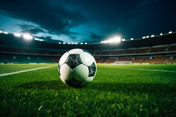 Fototapeta premium A soccer ball on a green field in soccer football stadium