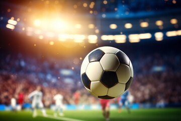 Fototapeta premium A soccer ball is in the air, surrounded by players on a field