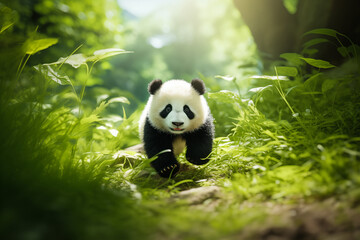Obraz premium Adorable Panda Cub in a Bamboo Grove