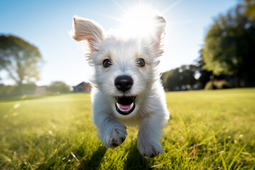 Joyful Puppy Playing Outdoors in Sunny Weather