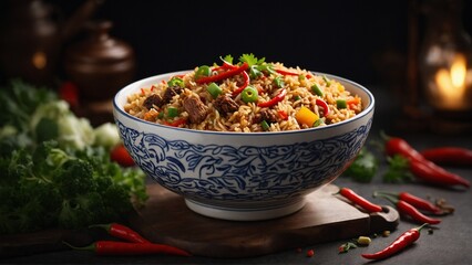 Sichuan Spicy Fried Rice Fried rice cooked with chili peppers, Sichuan peppercorns, and various meats and vegetables