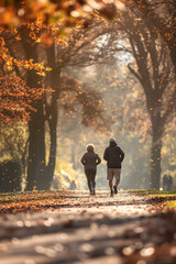 Back view of a senior couple walking hand in hand on a path covered with fallen leaves