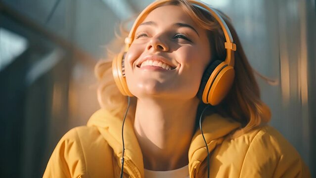 women in headphones and enjoy music, having fun, listening to music, raising his arm, dancing to favorite song, enjoying cool soundtrack, happy life