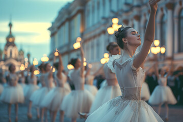 Graceful ballet dancers performing an emotive routine on the historic city streets at dusk