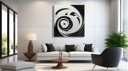 Abstract art interpretation of yin yang, vibrant black and white swirls on canvas, ideal for modern spiritual artwork