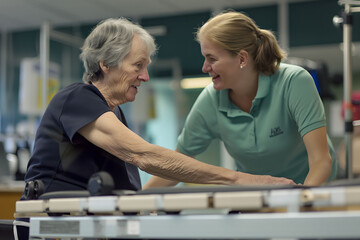 An elderly woman receives assistance and encouragement from a physiotherapist during a rehabilitation session