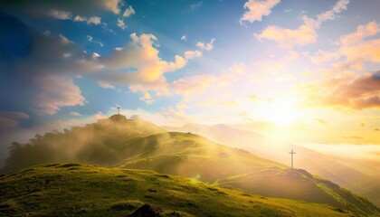 Naklejka na ściany i meble View of the Cross on the hill at sunlight, with a beautiful sea of ​​clouds