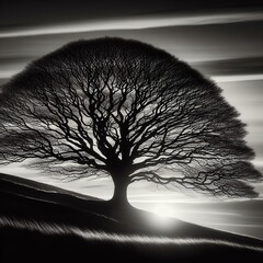 Silhouette of a tree in the field at sunset. Black and white