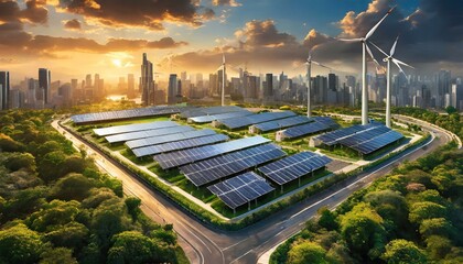 Top view, Urban microgrids integrate renewable energy sources like solar panels and wind turbines...